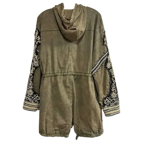 FREE PEOPLE Golden Quills Military Parka Jacket Coat Green Rhinestones M RARE - Picture 11 of 16